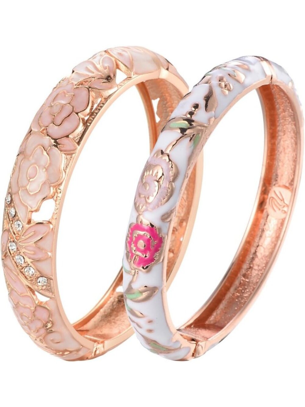 Handcrafted Vintage Cloisonne Enameled Rhinestone Rose Hinged Cuff Bracelet